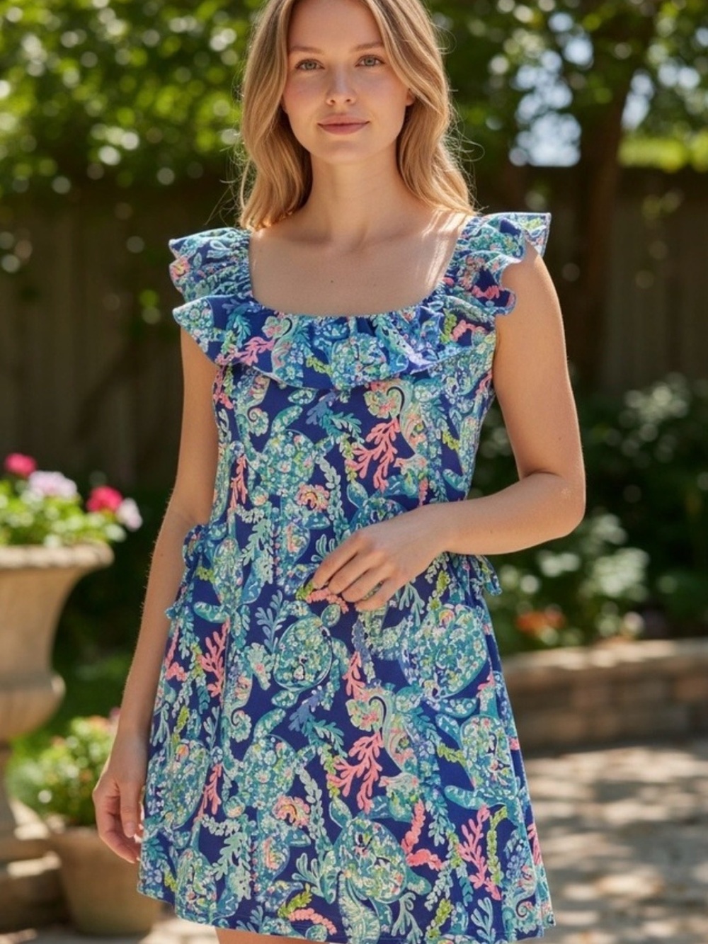 Lilly Pulitzer Zoya Ruffle Romper in the Corsica Blue Turtle Villa